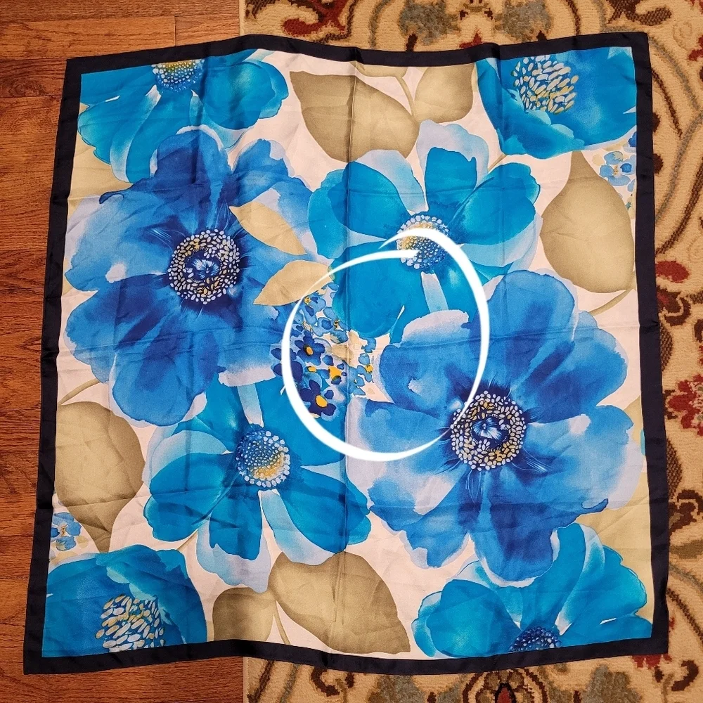 100% Silk Large Floral Square Scarf Cobalt Blue Vibrant Luxurious